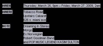 Kasim Sulton venue - Tobacco Road, Miami