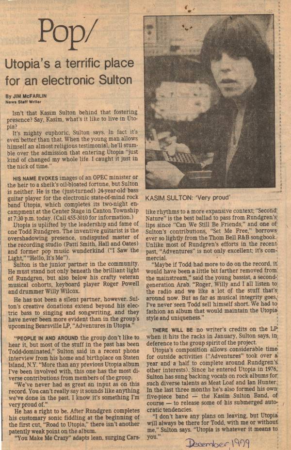 Kasim Sulton (Utopia) article from December 1979
