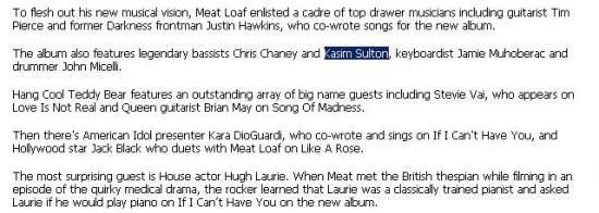 Kasim Sulton on Meat Loaf album Hang Cool Teddy Bear